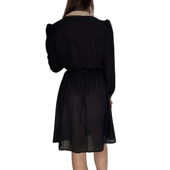 Vintage Luci Fellini 1980s Black Pin Stripe Dress Polka Dot Neck Tie Collar - Picture 7 of 13
